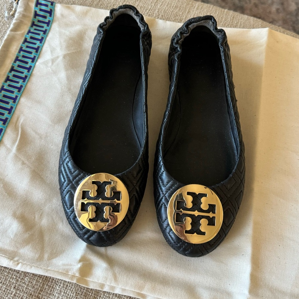 Tory Burch Black Quilted Minnie Flats